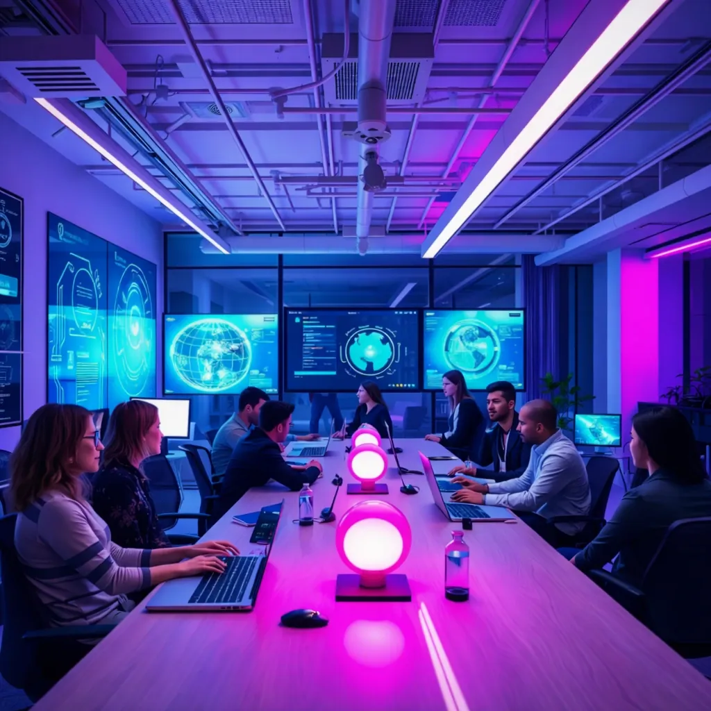 VCRDC team meeting in modern AI lab with pink lighting
